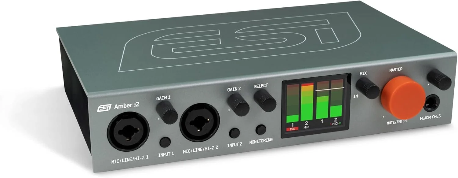 اینترفیس صوتی USB مدل ESI Amber i2 برای نوازندگان، آهنگسازان، خوانندگان و ترانه سرایان، دارای دو ورودی XLR، ورودی لاین و DI به همراه MIDI I/O، به همراه نرم افزار حرفه ای