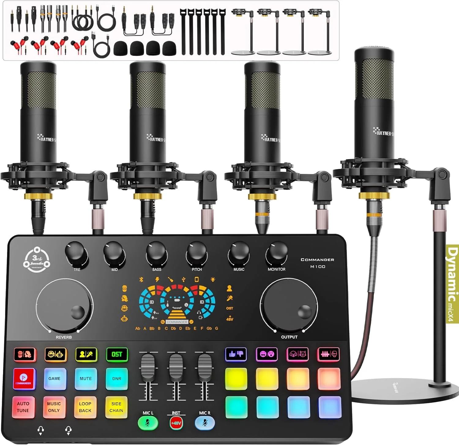 بسته تجهیزات پادکست برای 4 نفر، کارت صدا با 4 میکروفون دینامیک، 4 پایه میکروفون رومیزی، تغییر صدا، میکسر DJ برای ضبط صدا، پادکست، استریم، آواز خواندن در TikTok، COMMANDER M100 نسل سوم