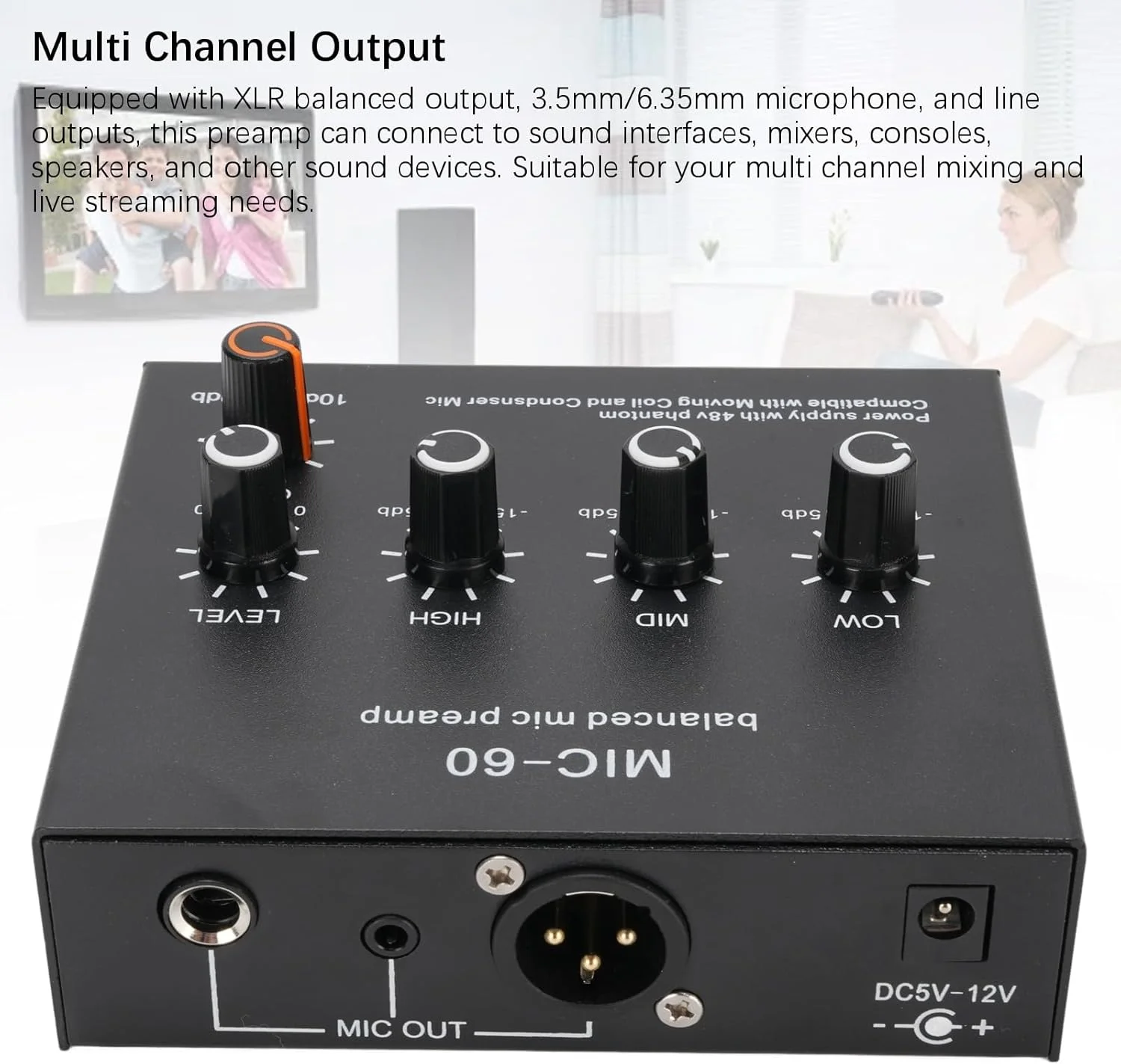 پری امپ میکروفون Elprico، 3 ورودی با تقویت 60 DB و منبع تغذیه 48 ولت، پری امپ میکروفون برای خازن دینامیک XLR 3.5 میلی متری 6.35 میلی متری (همراه با کابل صدای 3.5 میلی متری)