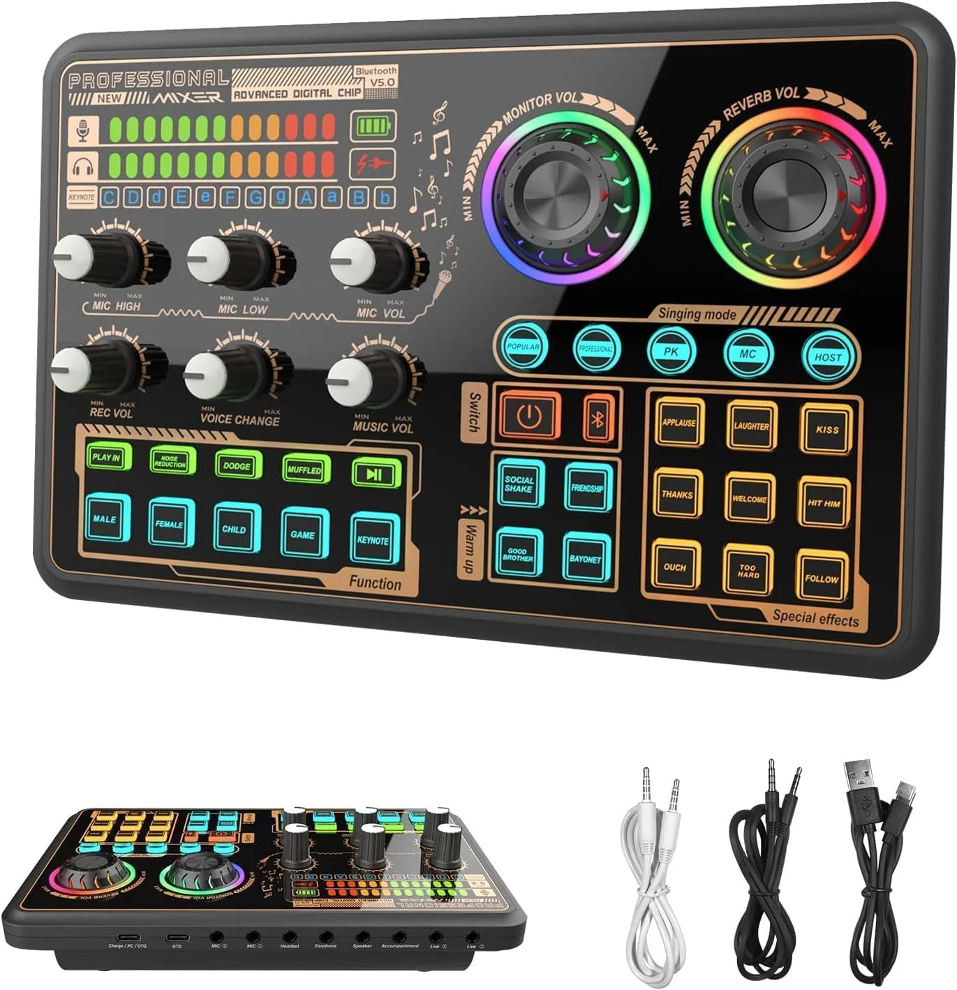 کارت صدای افکت دار با رابط صوتی، تغییر صدا و چراغ های LED، میکسر صدای زنده برای کامپیوتر، تلفن، میکروفون، کارائوکه، استریم، ضبط و بازی