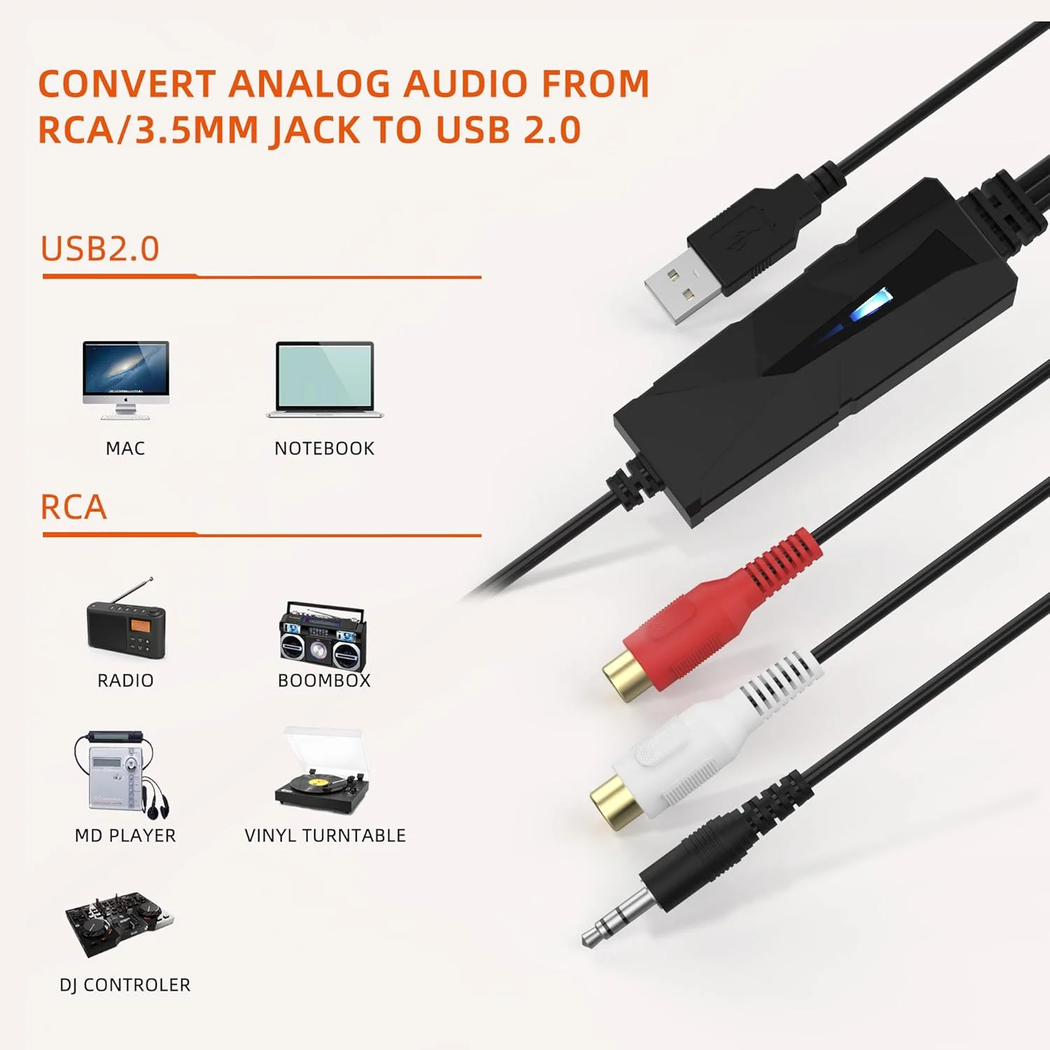دستگاه ضبط صدای USB AudioXfer | تبدیل وینیل، MD و نوار کاست به کامپیوتر/CD از طریق اتصالات 3.5 میلی‌متری/RCA برای علاقه‌مندان به موسیقی و پادکسترها | سازگار با PC، Mac و Linux (2 عدد/1 بسته)