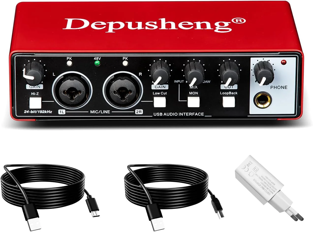 کارت صدای USB دپوشنگ 2i2، 24 بیت/192 کیلوهرتز، فانتوم پاور 48 ولت، اتصال و استفاده آسان برای پادکست/وکال/گیتار، سازگار با PC/Mac/iOS، بدنه فلزی قرمز