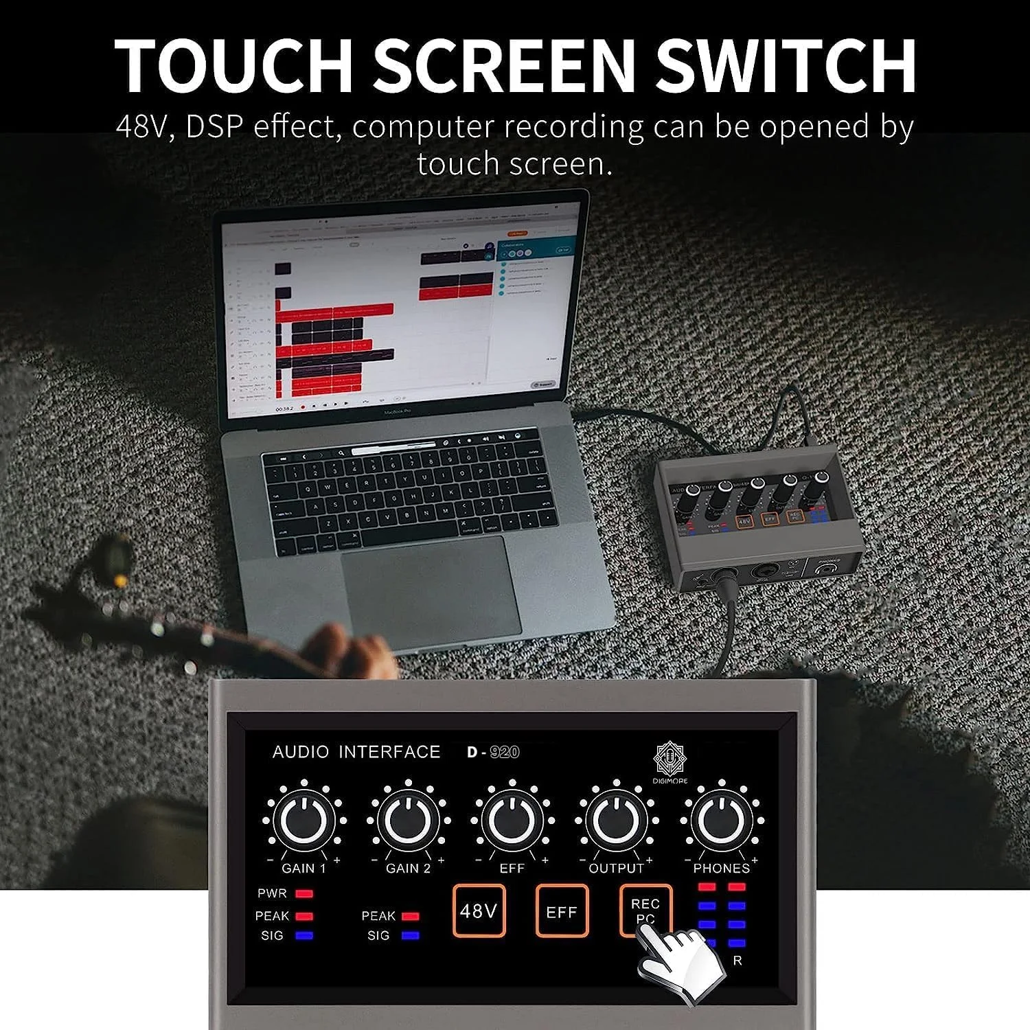 کارت صدای حرفه ای 2 کاناله DIGIMORE با رابط USB-C برای ضبط صدا، دارای جک مانیتور، افکت DSP و فانتوم پاور 48 ولت مناسب برای ضبط استودیویی و پادکست (D-920)