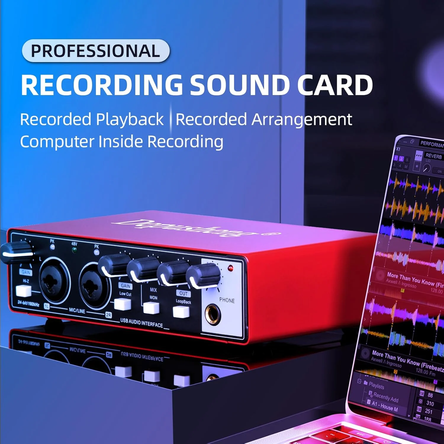 کارت صدای USB دپوشنگ 2i2، 24 بیت/192 کیلوهرتز، فانتوم پاور 48 ولت، اتصال و استفاده آسان برای پادکست/وکال/گیتار، سازگار با PC/Mac/iOS، بدنه فلزی قرمز