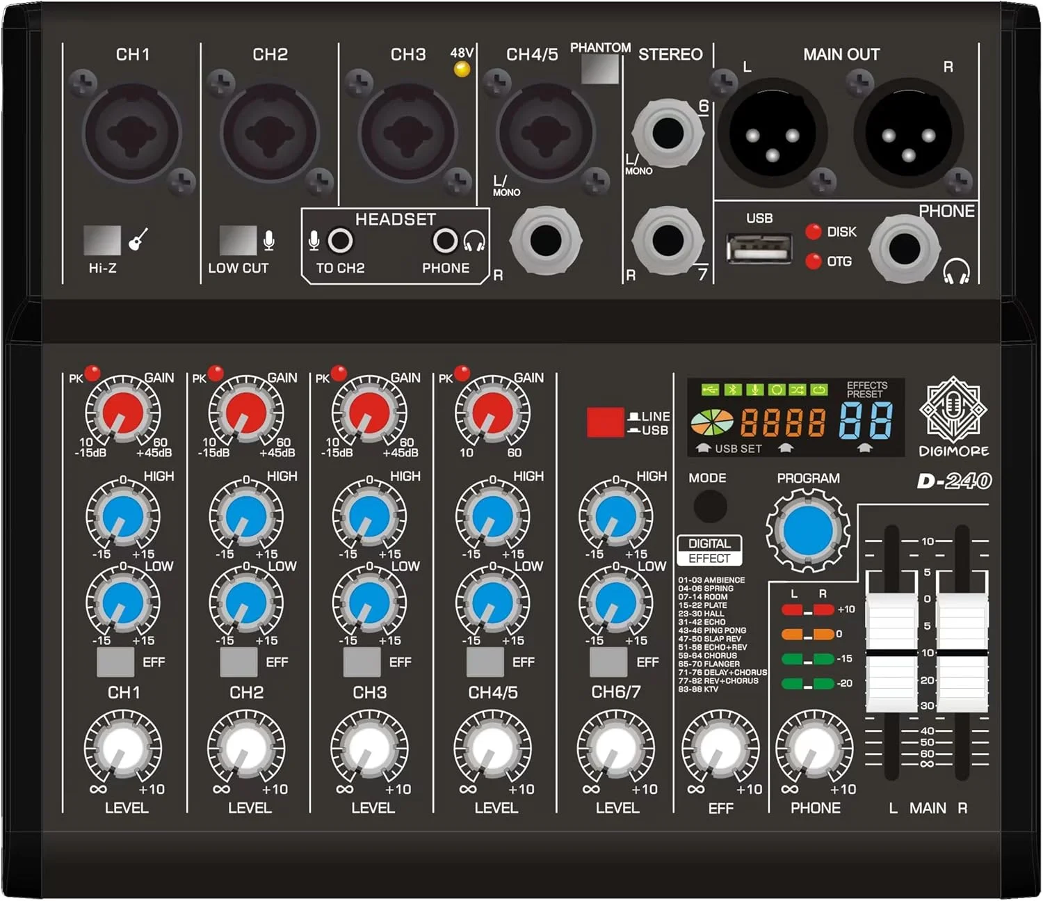 میکسر صوتی 7 کاناله DIGIMORE | میکسر DJ | میکسر بلوتوث MP3 برای موسیقی با کارت صدای ضبط و 88 نوع افکت دیجیتال DSP، رابط صوتی USB برای کارائوکه (D-240)
