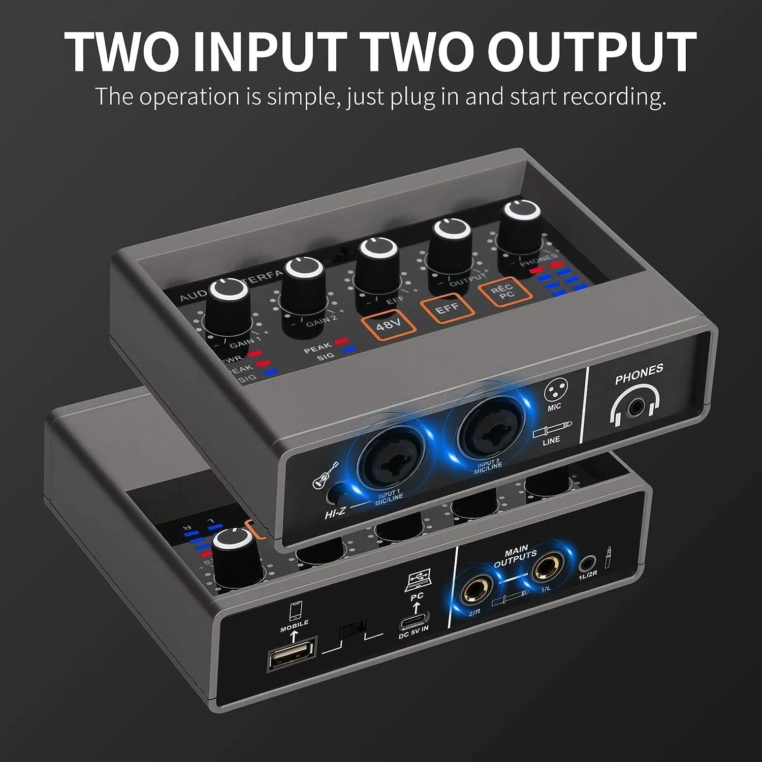 کارت صدای حرفه ای 2 کاناله DIGIMORE با رابط USB-C برای ضبط صدا، دارای جک مانیتور، افکت DSP و فانتوم پاور 48 ولت مناسب برای ضبط استودیویی و پادکست (D-920)