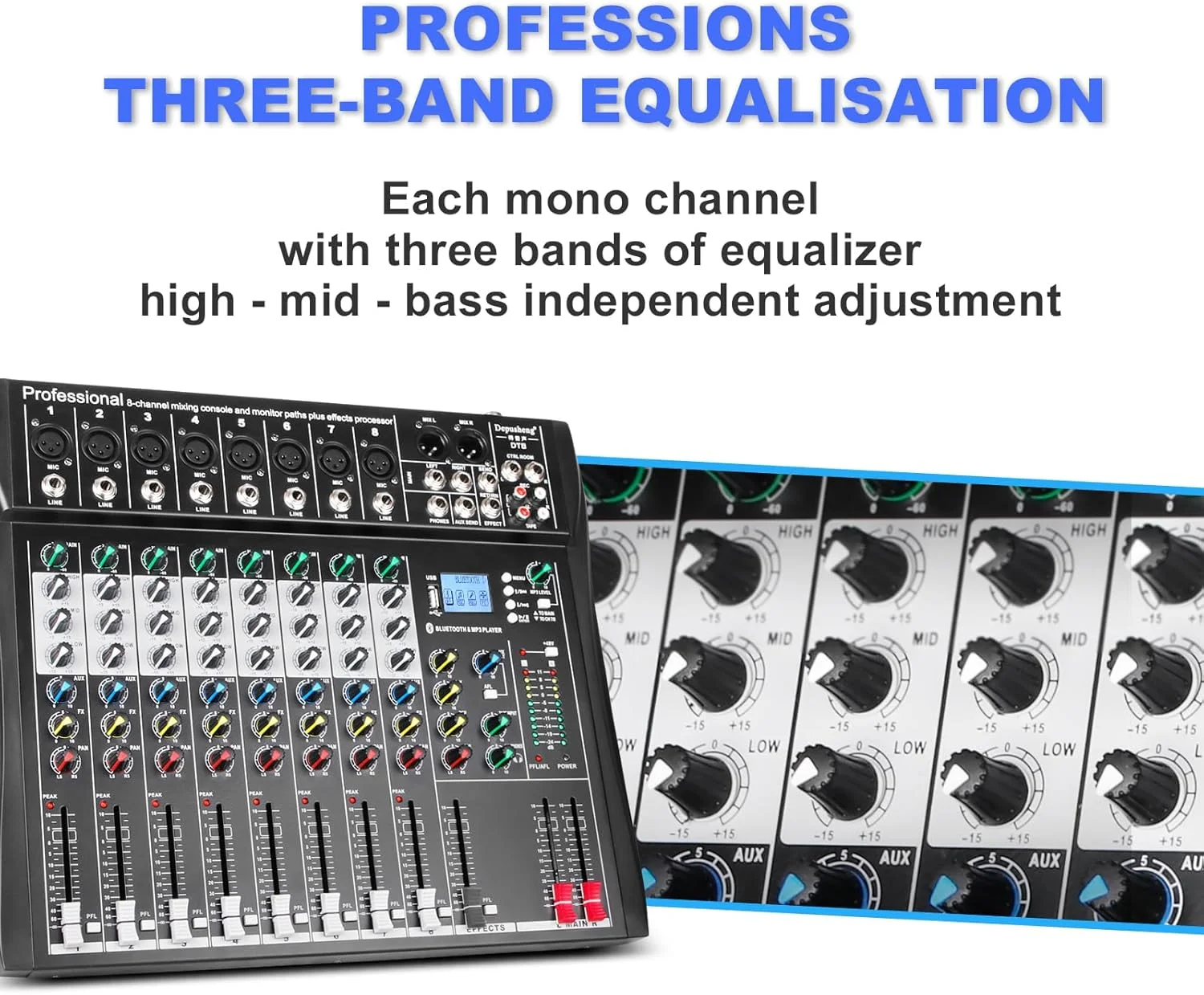 میکسر حرفه ای صدا Depusheng DT8، کنسول 8 کانال، رابط سیستم دسکتاپ، ورودی دیجیتال USB کامپیوتر MP3، فانتوم پاور 48 ولت، استریو DJ Studio FX، شاسی فولادی، مشکی