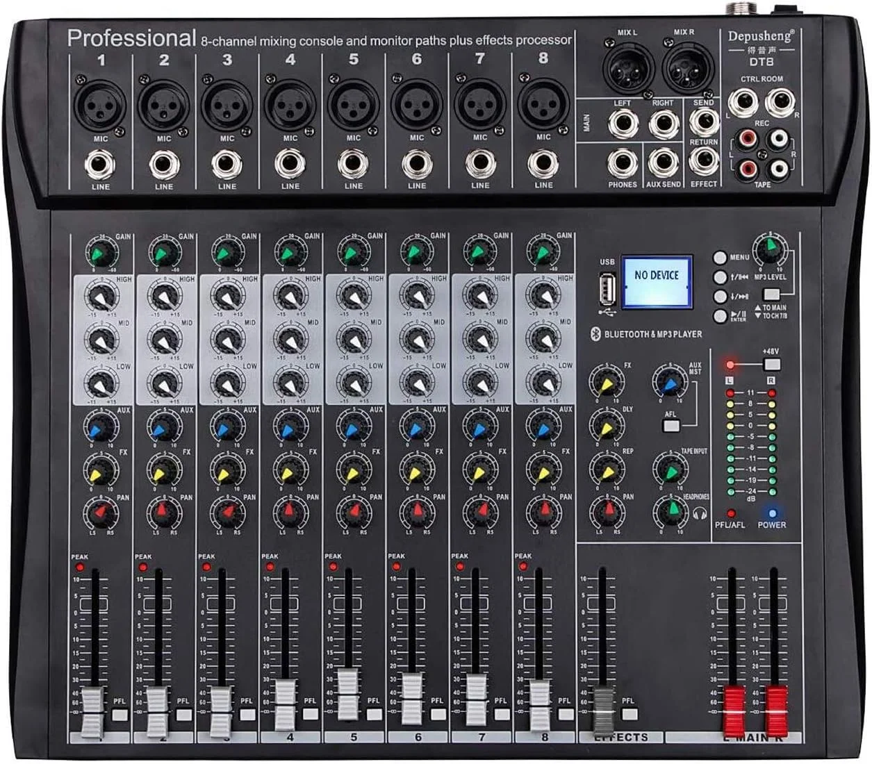 میکسر حرفه ای 8 کانال Depusheng DT8، کنسول صدا، رابط سیستم دسکتاپ، ورودی دیجیتال USB کامپیوتر MP3، فانتوم پاور 48 ولت، استریو DJ Studio FX شاسی فولادی، مشکی