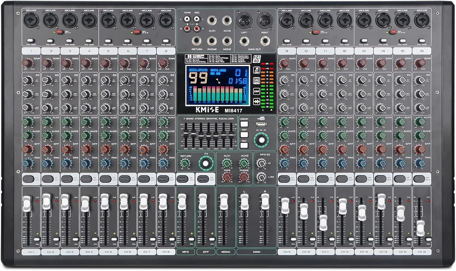 میکسر صدا 16 کانال دیجیتال سری حرفه ای، کنسول برد صدا با قابلیت های برد میکسر DJ، اکولایزر 7 باند، نمایشگر LED 48 ولت و خروجی میکسر صدای BT USB/SD/FM/WMA
