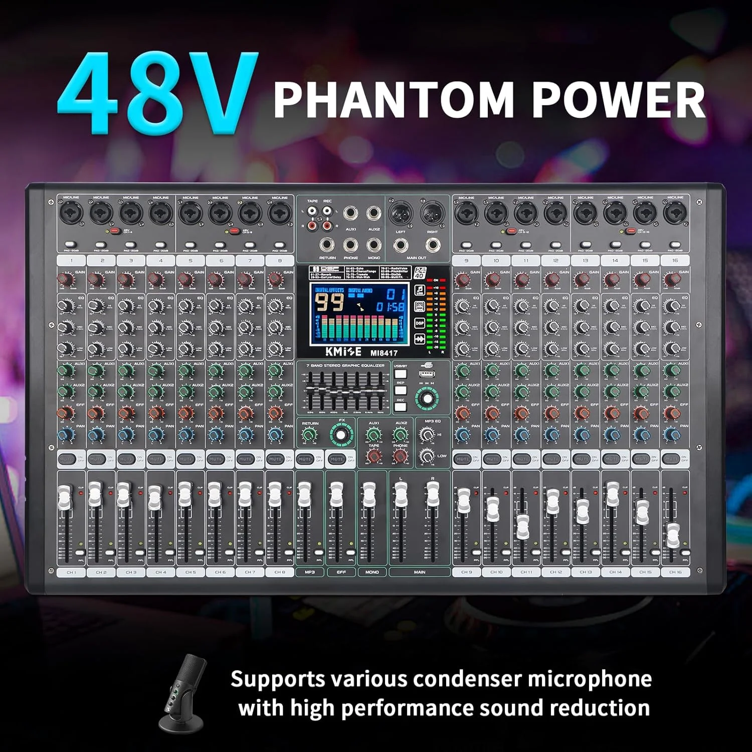 میکسر صدا 16 کانال دیجیتال سری حرفه ای، کنسول برد صدا با قابلیت های برد میکسر DJ، اکولایزر 7 باند، نمایشگر LED 48 ولت و خروجی میکسر صدای BT USB/SD/FM/WMA میکسر صدا 16 کانال دیجیتال سری حرفه ای، کنسول برد صدا با قابلیت های برد میکسر DJ، اکولایزر 7 باند، نمایشگر LED 48 ولت و خروجی میکسر صدای BT USB/SD/FM/WMA