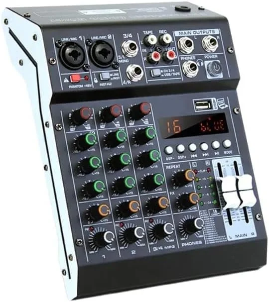 میکسر صدا 4 کانال برای استیج، اجرای زنده، استودیو، ضبط استریو، DJ، میکسر صدای حرفه ای، سیستم کنسول برد صدا، رابط 4 کانال، فانتوم پاور 48 ولت میکسر صدا 4 کانال برای استیج، اجرای زنده، استودیو، ضبط استریو، DJ، میکسر صدای حرفه ای، سیستم کنسول برد صدا، رابط 4 کانال، فانتوم پاور 48 ولت