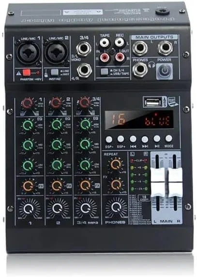 میکسر صدا 4 کانال برای استیج، اجرای زنده، استودیو، ضبط استریو، DJ، میکسر صدای حرفه ای، سیستم کنسول برد صدا، رابط 4 کانال، فانتوم پاور 48 ولت