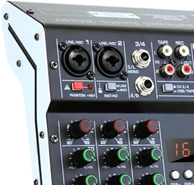 میکسر صدا 4 کانال برای استیج، اجرای زنده، استودیو، ضبط استریو، DJ، میکسر صدای حرفه ای، سیستم کنسول برد صدا، رابط 4 کانال، فانتوم پاور 48 ولت
