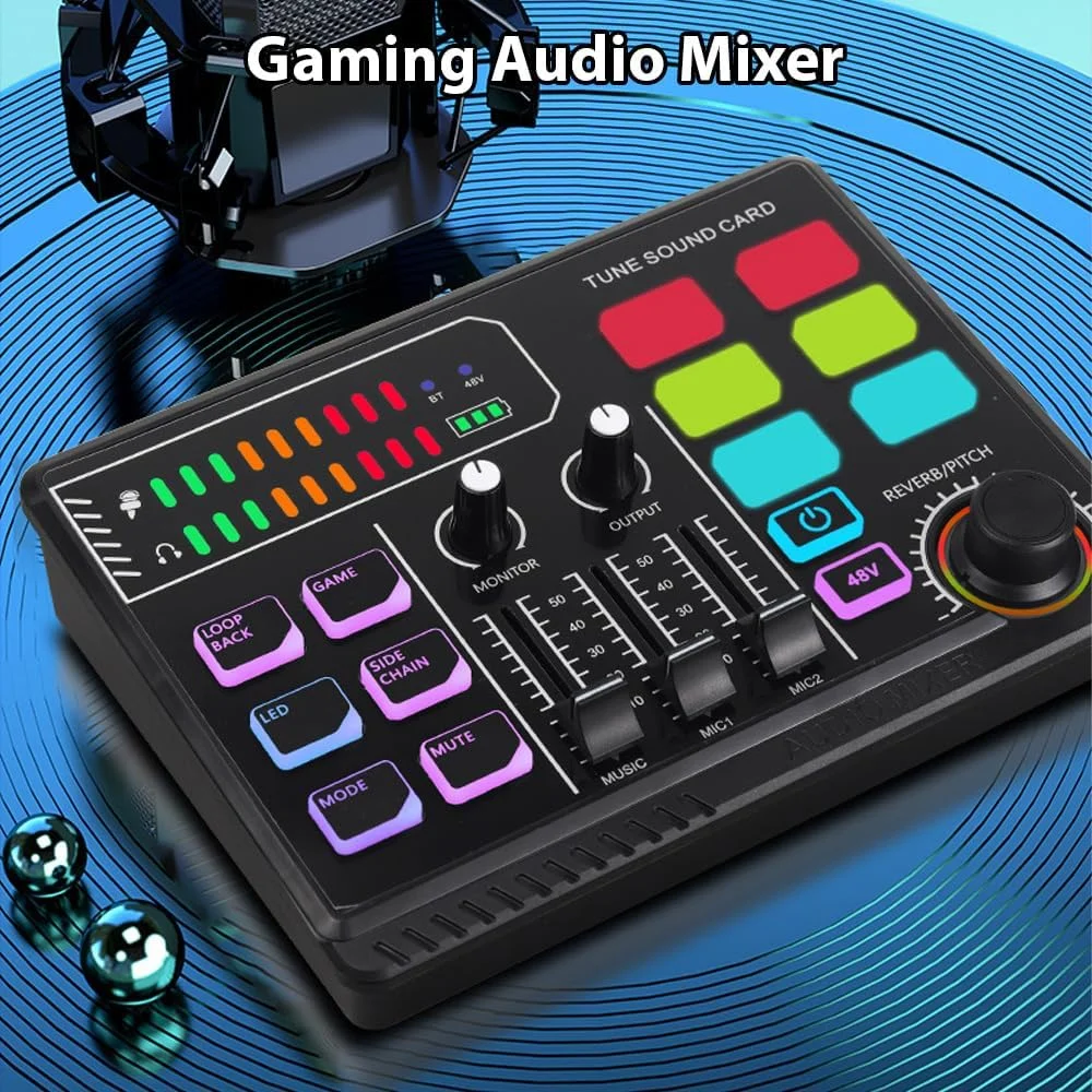 میکسر صوتی گیمینگ Btuty، کارت صدای دسکتاپ با نور RGB، قابلیت اتصال BT، مناسب استریم زنده، پادکست و تولید محتوا، قابل شارژ