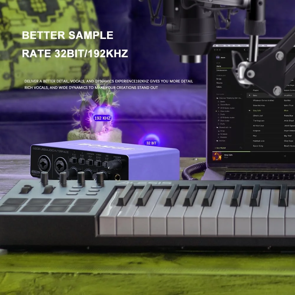 کارت صدای USB BOMGE مدل SOLO با XLR/48V فانتوم پاور، 32Bit/192kHz کیفیت بالا، برای استودیو، میکسر صدا، گیتاریست، خواننده، پادکستر، تهیه کننده، اتصال آسان (U202P)