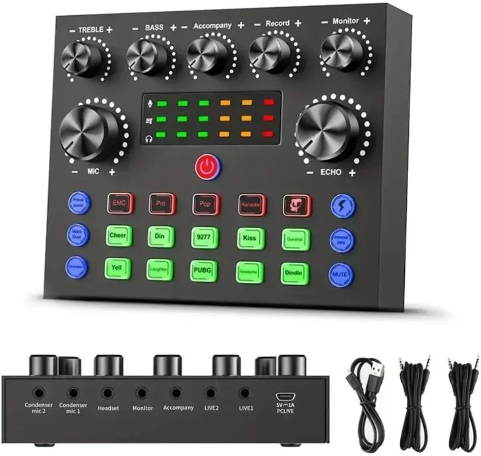 میکسر صدای V8 کارت صدای خارجی تقویت کننده صوتی بلوتوث با جلوه های صوتی تغییر صدا برای میکروفون، پخش زنده، پادکست و ضبط