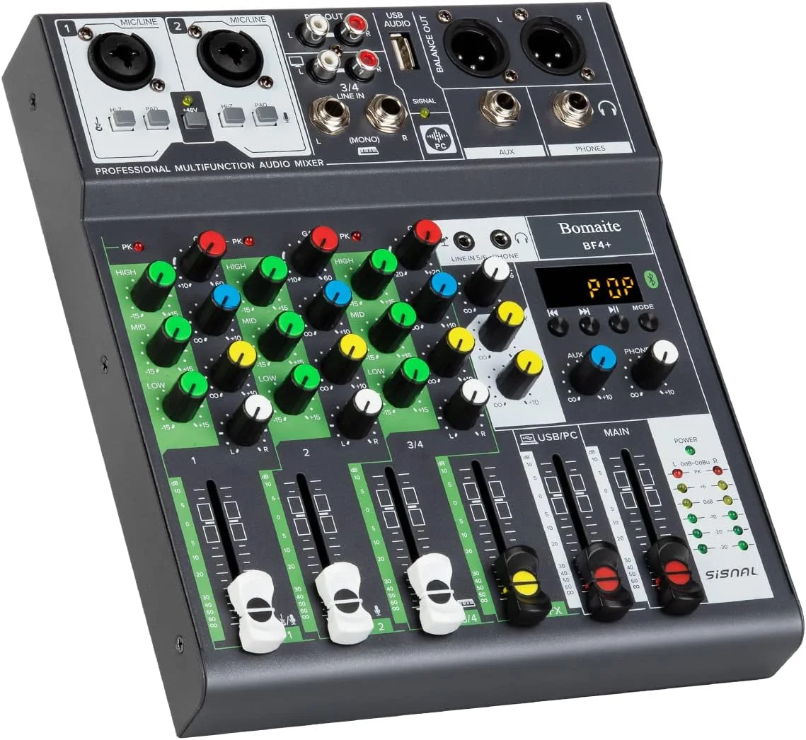 میکسر صوتی DJ مدل BF4+، سیستم کنسول برد صدا 4 کاناله با فانتوم پاور 48 ولت، بلوتوث، USB MP3 استریو برای استودیو دی جی زنده، ضبط حرفه ای کامپیوتر، مهمانی، استیج KTV
