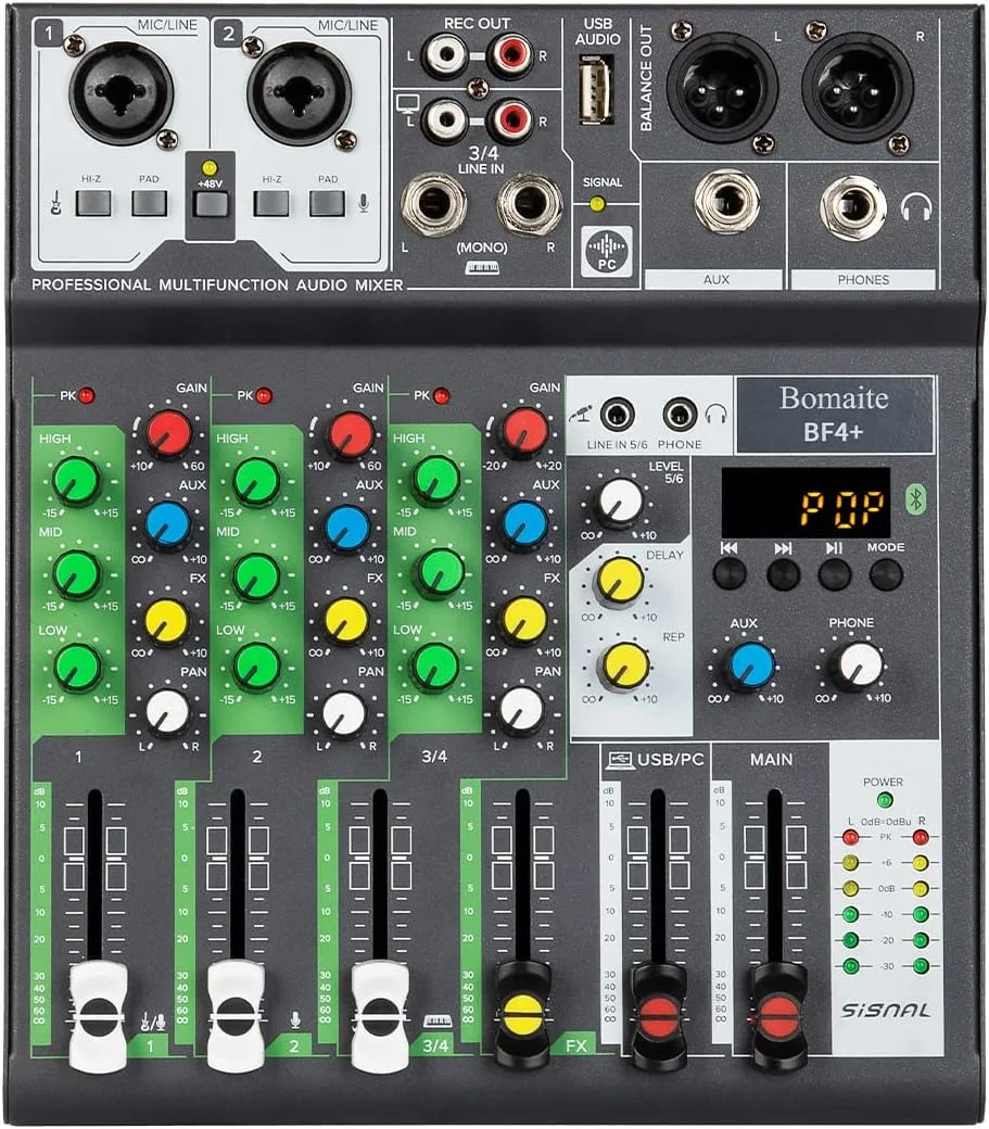 میکسر صوتی DJ مدل BF4+، سیستم کنسول برد صدا 4 کاناله با فانتوم پاور 48 ولت، بلوتوث، USB MP3 استریو برای استودیو دی جی زنده، ضبط حرفه ای کامپیوتر، مهمانی، استیج KTV