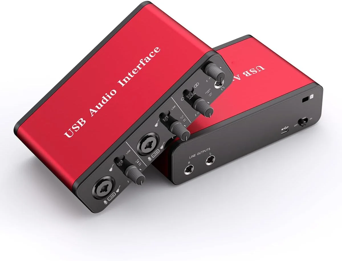 کارت صدای USB 2i2 با پری امپ میکروفون و فانتوم پاور 48 ولت، پشتیبانی از 24 بیت، مناسب برای ضبط با گوشی هوشمند/تبلت/کامپیوتر و سایر تجهیزات به همراه کابل XLR 1.8 متری (بدون نرم افزار ضبط DAW)