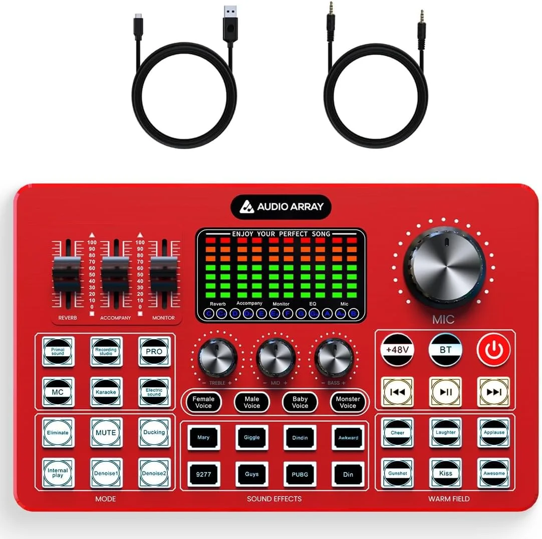 میکسر کارت صدای حرفه ای Audio Array AI-10 با بلوتوث | 3 ورودی میکروفون کندانسور، 2 خروجی موبایل و PC/Mac | فانتوم پاور 48+ ولت، 4 حالت صدا، حذف نویز، FX داخلی | گیمینگ، کارائوکه میکسر کارت صدای حرفه ای Audio Array AI-10 با بلوتوث | 3 ورودی میکروفون کندانسور، 2 خروجی موبایل و PC/Mac | فانتوم پاور 48+ ولت، 4 حالت صدا، حذف نویز، FX داخلی | گیمینگ، کارائوکه