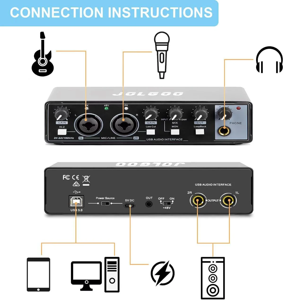 کارت صدای USB، 24 بیت/192 کیلوهرتز، اتصال و پخش آسان برای ضبط صدا - ورودی XLR/Line، خروجی هدفون، تاخیر کم، سازگار با کامپیوتر، مک، تلفن هوشمند