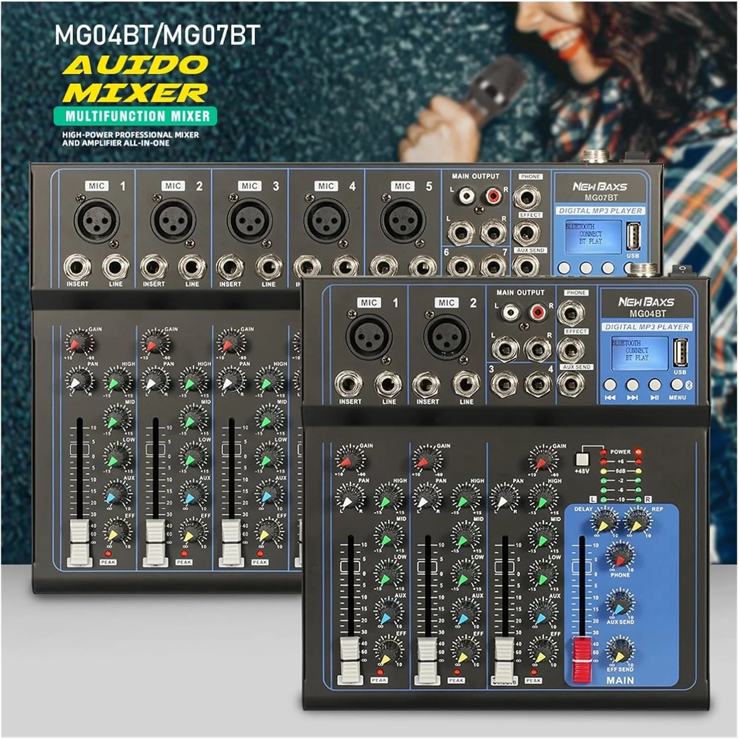 میکسر صدا، کنترلر میکس صدای قابل حمل USB 24 DSP 4-7 کانال با کارت صدا برای میکس ضبط DJ PC(MG04BT)