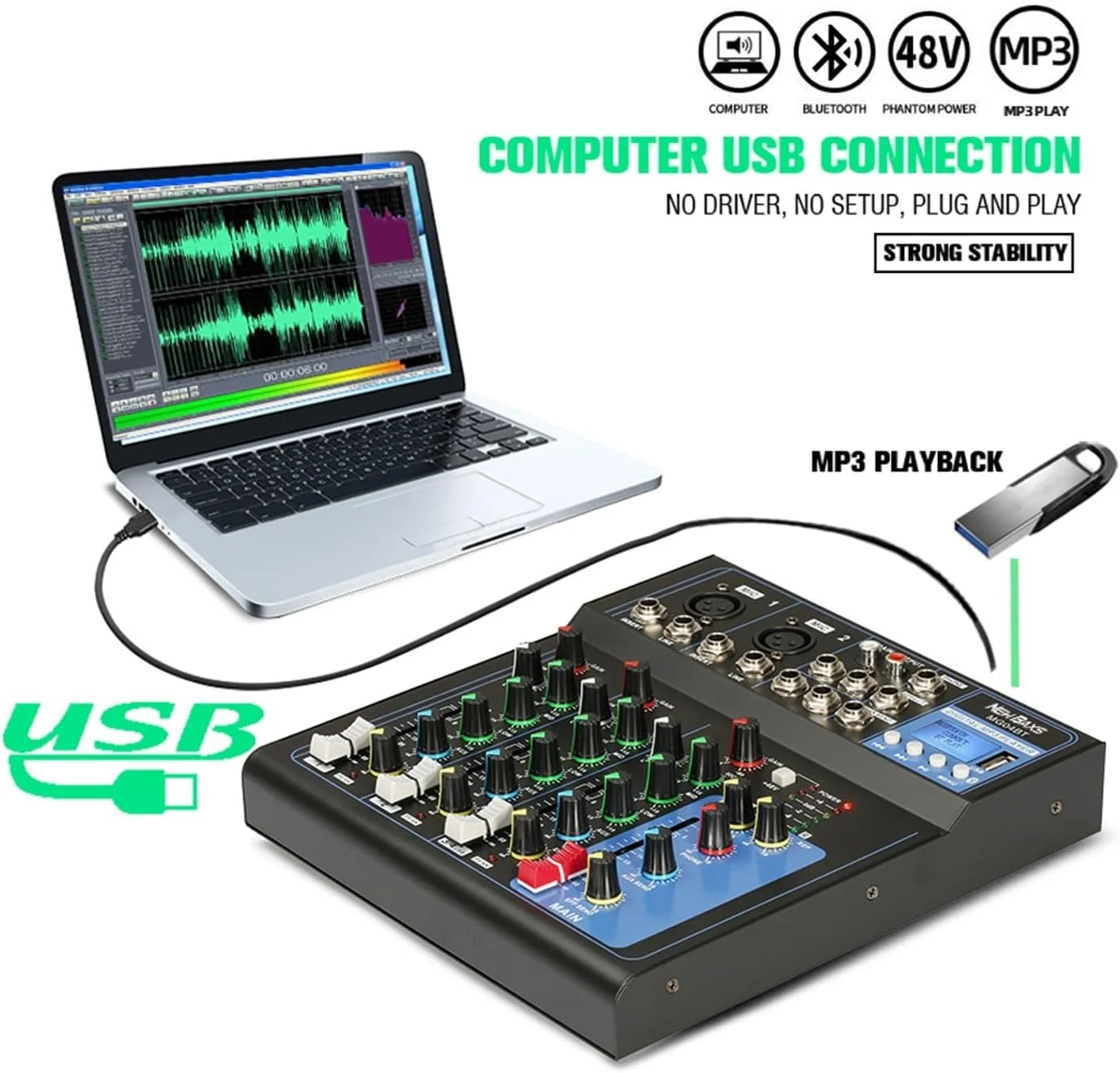 میکسر صدا، کنترلر میکس صدای قابل حمل USB 24 DSP 4-7 کانال با کارت صدا برای میکس ضبط DJ PC(MG04BT)