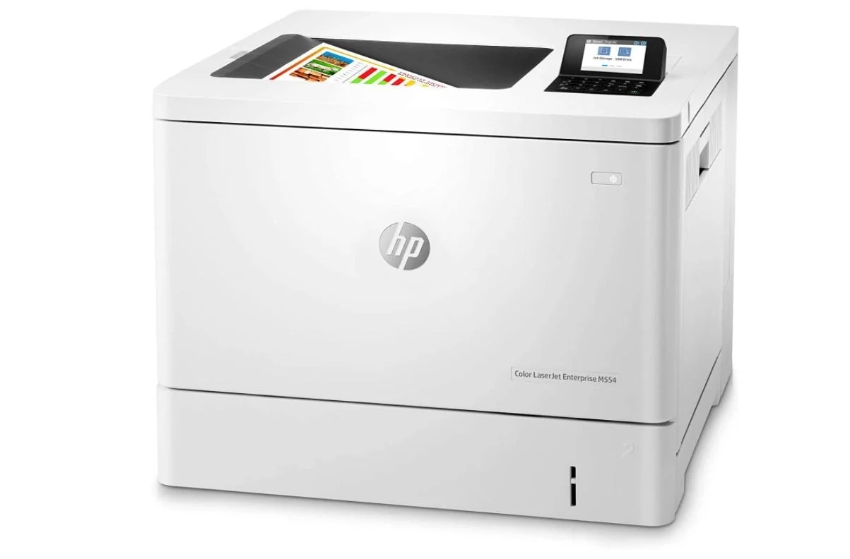 پرینتر رنگی لیزری اچ پی مدل LaserJet Enterprise M554dn با قابلیت چاپ دورو، اتصال USB و Ethernet، رزولوشن چاپ 600x600 dpi، سرعت چاپ 35 صفحه در دقیقه، صفحه نمایش 2.7 اینچی LCD با صفحه کلید 24 دکمه ای، چاپ دوروی اتوماتیک، USB و Ethernet | 7ZU81A