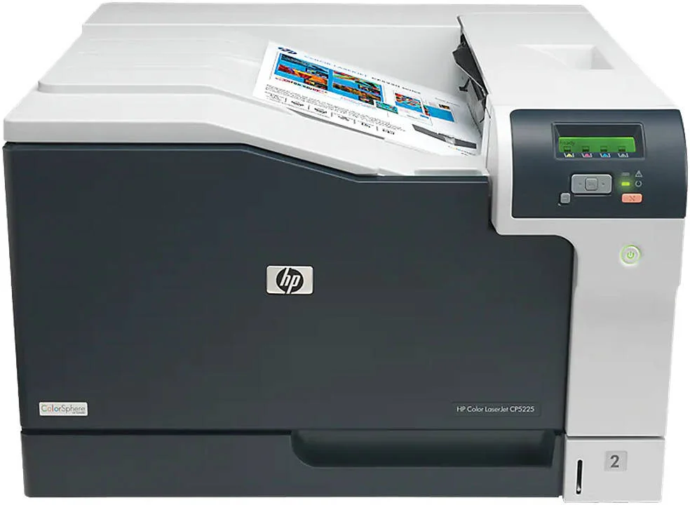 پرینتر رنگی لیزری حرفه ای A3 مدل HP CP5225n، تا 20 صفحه در دقیقه سیاه و سفید و رنگی، رزولوشن تا 600 x 600 DPI، نمایشگر 2 خطی با نور پس زمینه 16 کاراکتری، سینی خروجی 250 برگی رو به پایین، سفید | CE711AB19