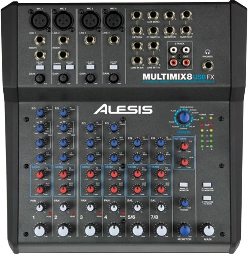 میکسر 8 کانال Alesis Multimix 8 Usb Fx با افکت و رابط صوتی USB، مشکی، 8 کانال + USB