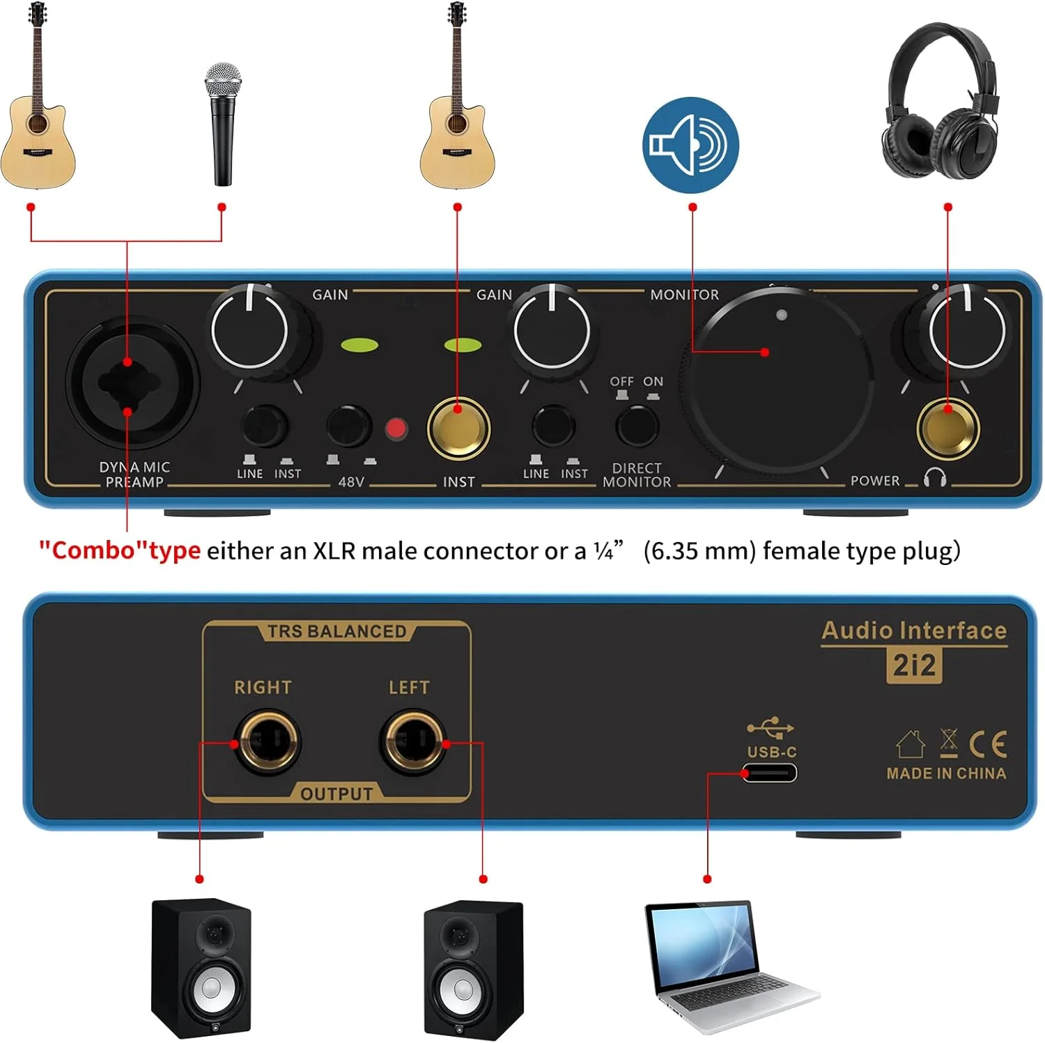 کارت صدای USB آکلوت، رابط های صوتی XLR، برای نوازندگان گیتار، خوانندگان، پادکسترها یا تهیه کنندگان، 24 بیت/192 کیلوهرتز با کیفیت بالا، ضبط با کیفیت استودیو، 2 ورودی 2 خروجی رابط های صوتی برای PC/Win/Mac