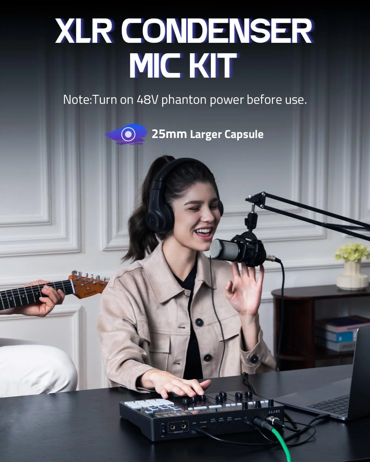 مجموعه تجهیزات پادکست ALABS Fxcaster - راه اندازی کامل پادکست با میکسر صدا 7 کاناله، کارت صدا و میکروفون XLR با دیافراگم 25 میلی متری برای پخش زنده، ضبط و TikTok