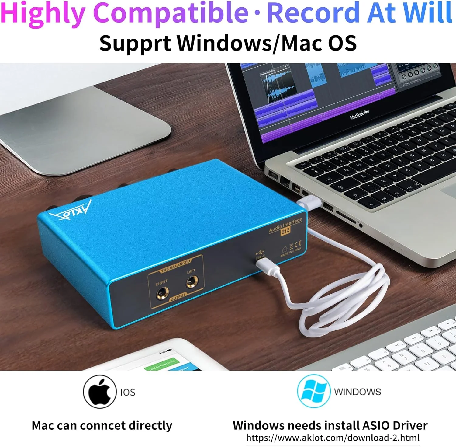 کارت صدای USB آکلوت، رابط های صوتی XLR، برای نوازندگان گیتار، خوانندگان، پادکسترها یا تهیه کنندگان، 24 بیت/192 کیلوهرتز با کیفیت بالا، ضبط با کیفیت استودیو، 2 ورودی 2 خروجی رابط های صوتی برای PC/Win/Mac