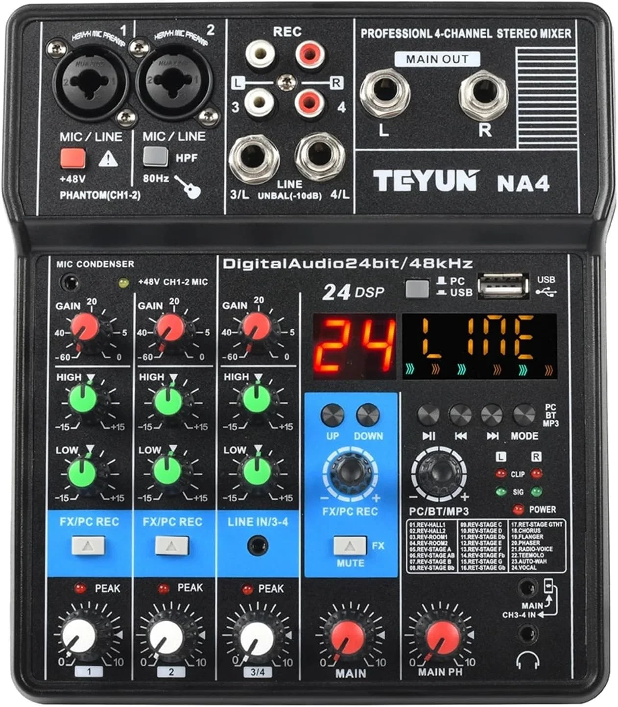 میکسر صدا، کنترلر میکسر صدای حرفه ای 4 کاناله با کارت صدای کوچک، ورودی کامپیوتر، USB و کارت ضبط برای کامپیوتر NA4