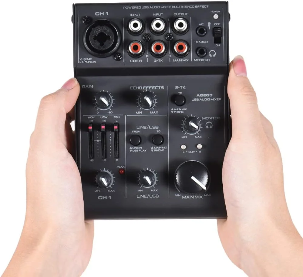 میکسر صوتی کوچک AGE03، میکسر 5 کاناله میکروفون/لاین با رابط صوتی USB، دارای افکت اکو داخلی، تغذیه از طریق USB برای ضبط، دی جی، پخش زنده شبکه، کارائوکه