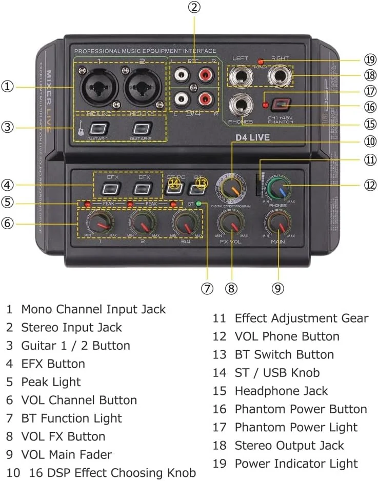 میکسر صوتی مینی قابل حمل 4 کاناله، کنسول میکس چند منظوره زنده، دستگاه ضبط صدا USB، تجهیزات میکسر موسیقی