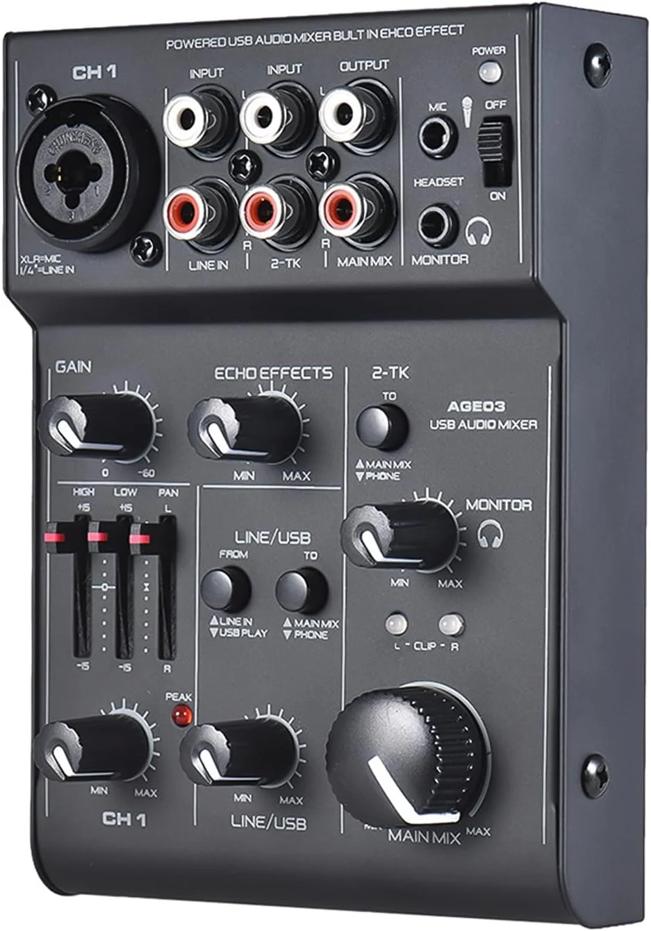 میکسر صوتی کوچک AGE03، میکسر 5 کاناله میکروفون/لاین با رابط صوتی USB، دارای افکت اکو داخلی، تغذیه از طریق USB برای ضبط، دی جی، پخش زنده شبکه، کارائوکه