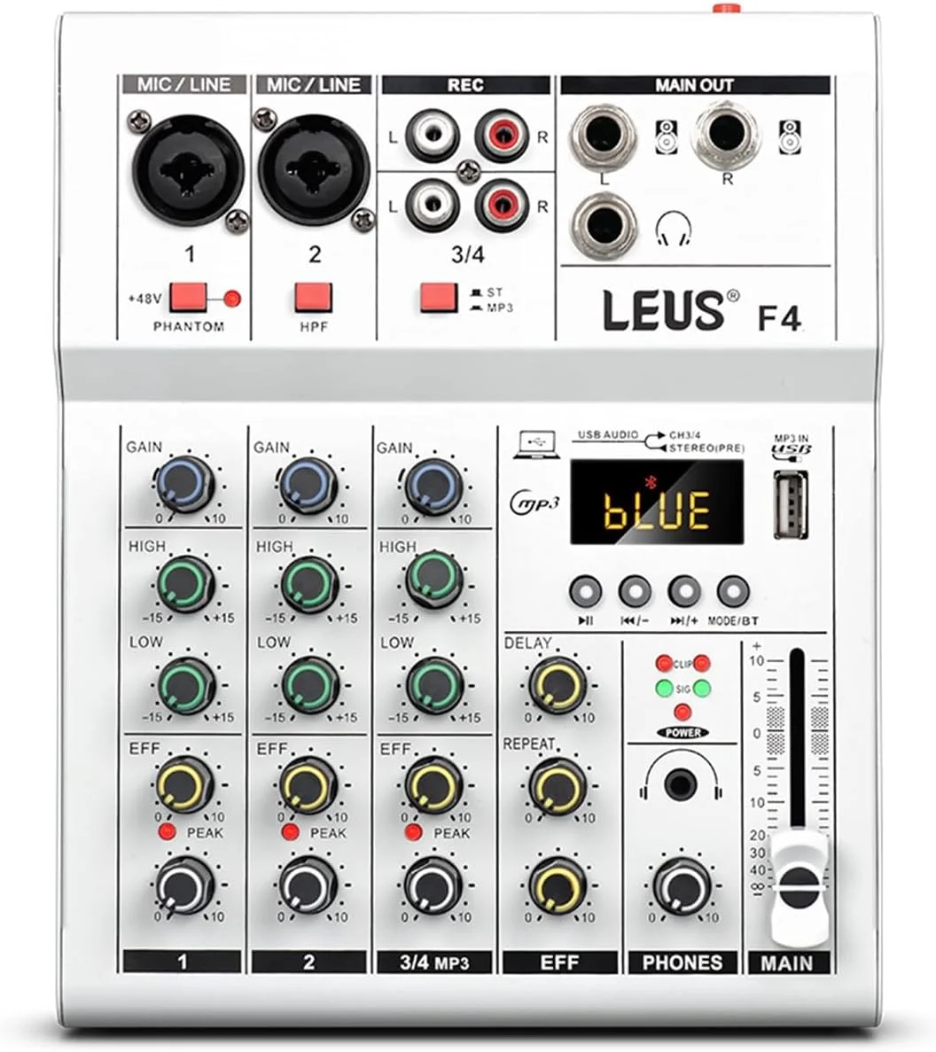میکسر صدا، رابط کنسول میکسر F4، بلوتوث، ضبط USB، کامپیوتر، فانتوم پاور 48 ولت، تاخیر، افکت ریورب، میکسر صدای 4 کاناله DJ (سفید)