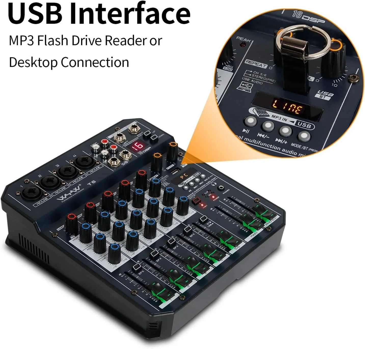 میکسر کارت صدا 6 کاناله با پردازنده 16DSP، رابط کنسول صوتی برای ضبط و استریم کامپیوتر