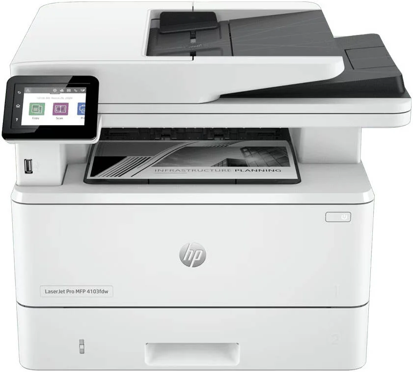 پرینتر چندکاره لیزری اچ پی LaserJet Pro MFP 4103fdw، صفحه نمایش لمسی رنگی 2.7 اینچی، سرعت چاپ تا 50 صفحه در دقیقه، سرعت کپی تا 42 صفحه در دقیقه، ظرفیت ADF 50 برگی، سفید | 2Z629A