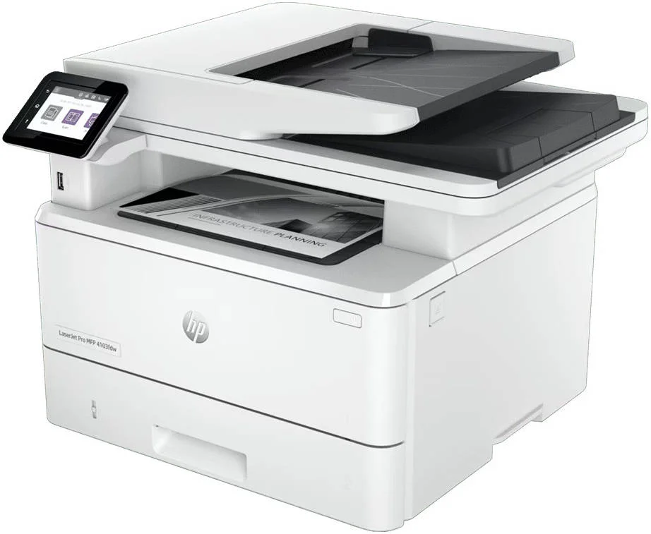 پرینتر چندکاره لیزری اچ پی LaserJet Pro MFP 4103fdw، صفحه نمایش لمسی رنگی 2.7 اینچی، سرعت چاپ تا 50 صفحه در دقیقه، سرعت کپی تا 42 صفحه در دقیقه، ظرفیت ADF 50 برگی، سفید | 2Z629A