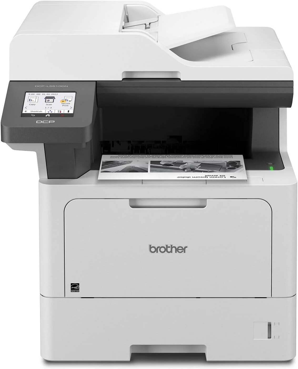 پرینتر لیزری سیاه و سفید چندکاره Brother DCP-L5510DN، دارای صفحه نمایش لمسی رنگی 3.5 اینچی، سرعت چاپ حداکثر 48 صفحه در دقیقه، سینی کاغذ با ظرفیت 250 برگ، رابط اترنت گیگابیتی، خاکستری | DCP-L5510DN