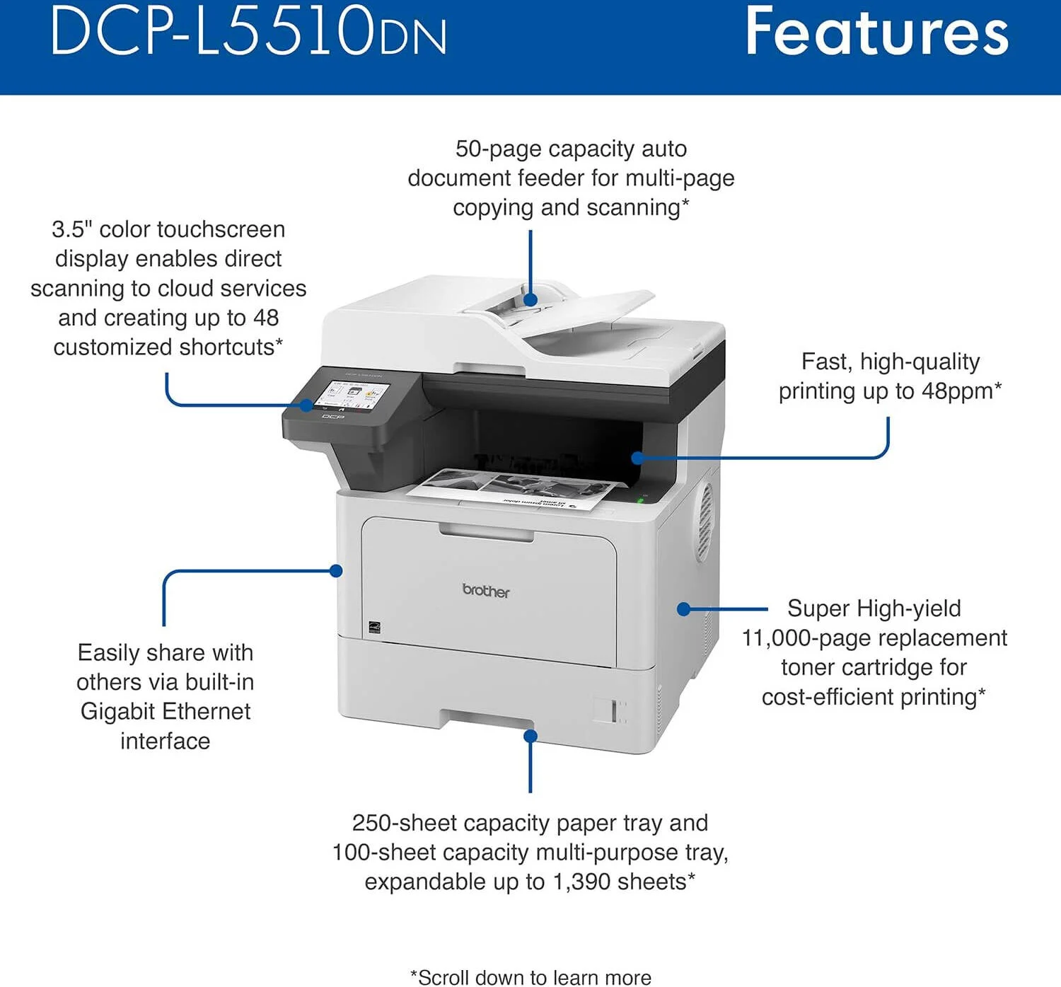پرینتر لیزری سیاه و سفید چندکاره Brother DCP-L5510DN، دارای صفحه نمایش لمسی رنگی 3.5 اینچی، سرعت چاپ حداکثر 48 صفحه در دقیقه، سینی کاغذ با ظرفیت 250 برگ، رابط اترنت گیگابیتی، خاکستری | DCP-L5510DN پرینتر لیزری سیاه و سفید چندکاره Brother DCP-L5510DN، دارای صفحه نمایش لمسی رنگی 3.5 اینچی، سرعت چاپ حداکثر 48 صفحه در دقیقه، سینی کاغذ با ظرفیت 250 برگ، رابط اترنت گیگابیتی، خاکستری | DCP-L5510DN