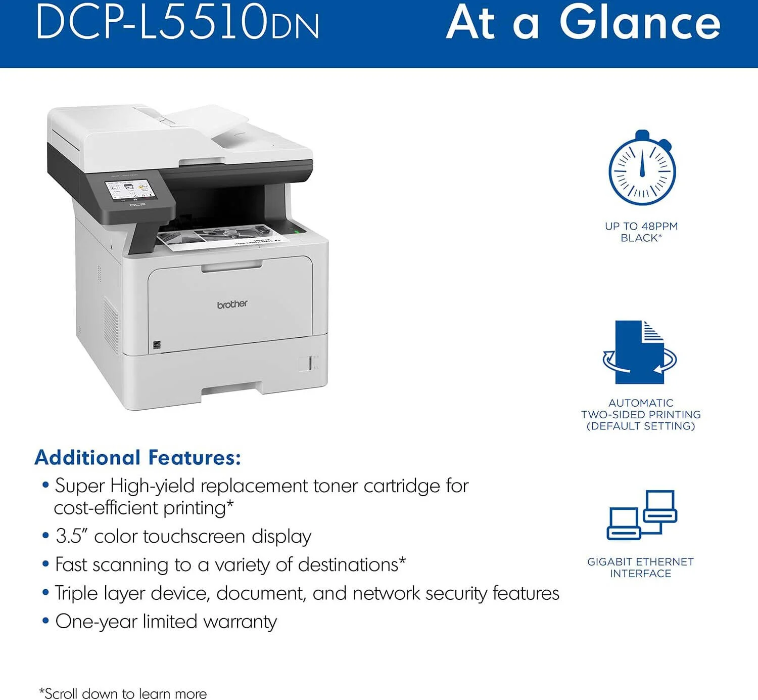 پرینتر لیزری سیاه و سفید چندکاره Brother DCP-L5510DN، دارای صفحه نمایش لمسی رنگی 3.5 اینچی، سرعت چاپ حداکثر 48 صفحه در دقیقه، سینی کاغذ با ظرفیت 250 برگ، رابط اترنت گیگابیتی، خاکستری | DCP-L5510DN پرینتر لیزری سیاه و سفید چندکاره Brother DCP-L5510DN، دارای صفحه نمایش لمسی رنگی 3.5 اینچی، سرعت چاپ حداکثر 48 صفحه در دقیقه، سینی کاغذ با ظرفیت 250 برگ، رابط اترنت گیگابیتی، خاکستری | DCP-L5510DN