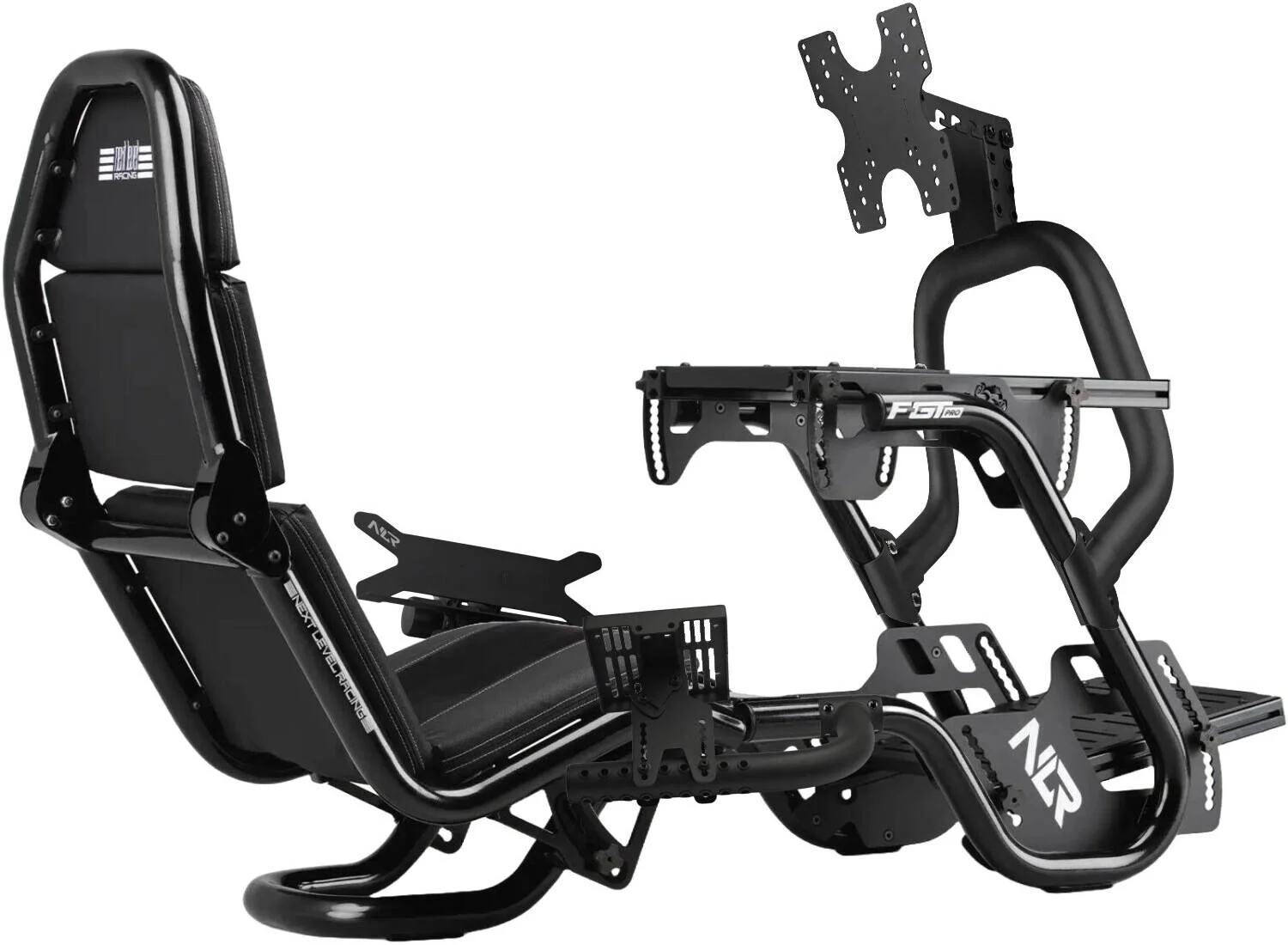 کاکپیت مسابقه ای فرمول و GT مدل Next Level Racing F-GT Pro به همراه سینی کیبورد و ماوس مستقیم F-GT Pro، بازوی اضافه شیفتر و ترمز دستی F-GT Pro و پایه مانیتور مستقیم F-Gt Pro، نسخه مشکی