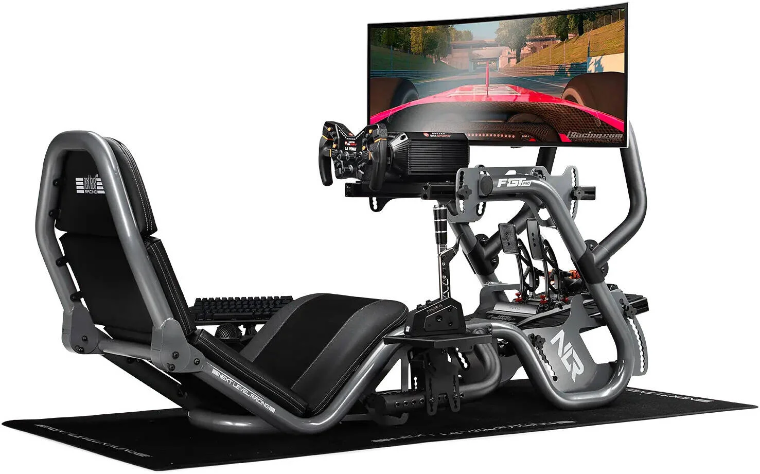 کاکپیت مسابقه ای فرمول و GT مدل Next Level Racing F-GT Pro به همراه سینی کیبورد و ماوس مستقیم F-GT Pro، بازوی اضافه شیفتر و ترمز دستی F-GT Pro و پایه مانیتور مستقیم F-Gt Pro، نسخه مشکی
