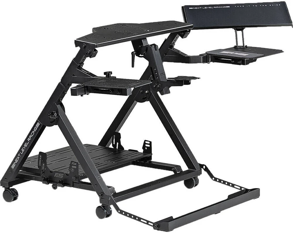 پایه پرواز حرفه ای Next Level Racing، سازگار با اکثر لوازم جانبی، دارای بازوی صفحه گردان، میله نصب HOTAS قابل تنظیم، صفحه پدال سکان، نگهدارنده صفحه کلید و ماوس، چرخ های کاستور، مشکی | NLR-S032