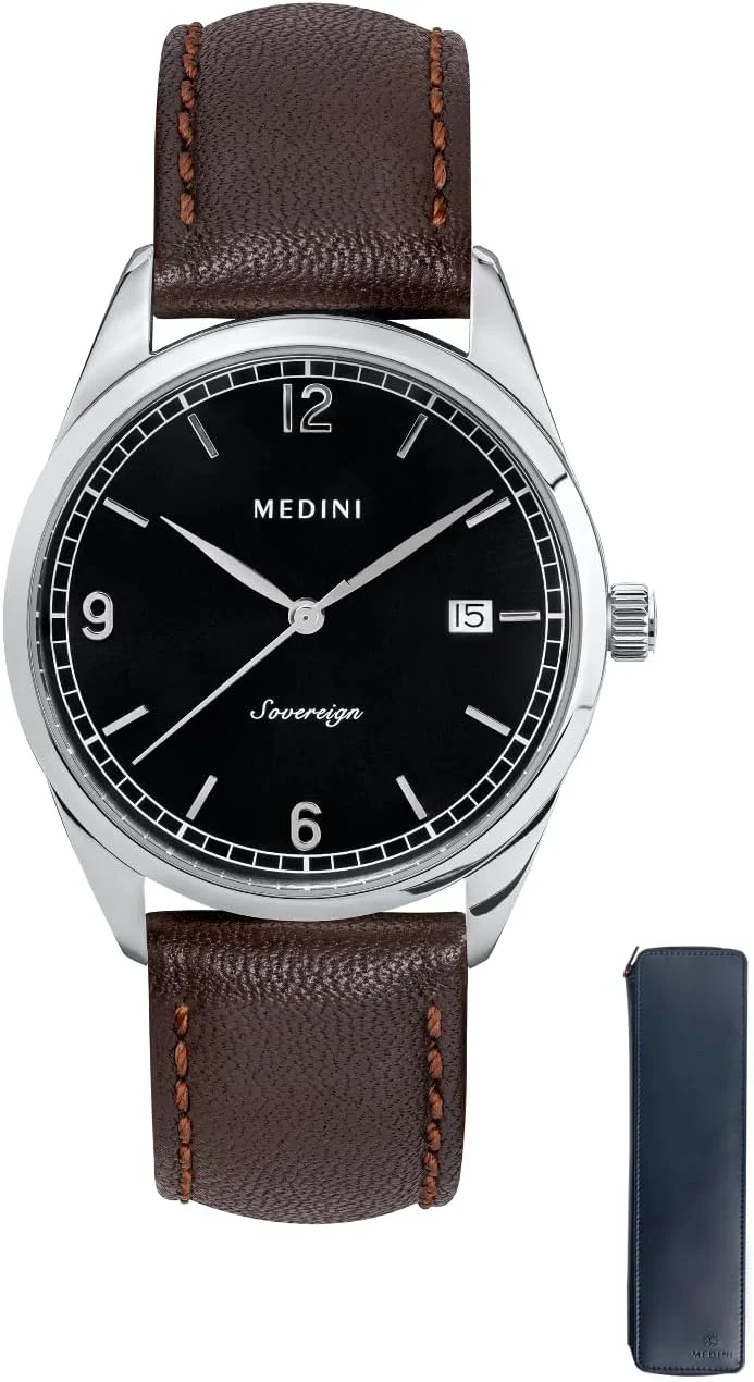 ساعت مشکی Sovereign - شیشه سافایر با پوشش AR، بند قهوه ای با روکش آبی