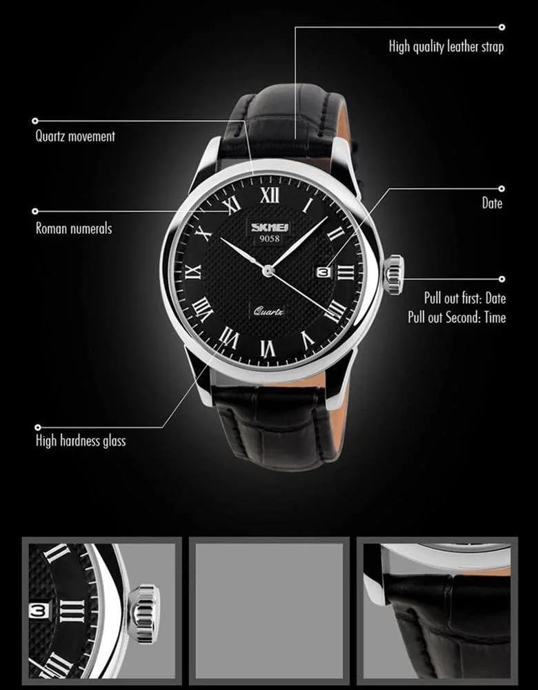 ساعت مچی عقربه‌ای مردانه مستوپ، اعداد رومی، مناسب استایل رسمی و روزمره، دارای تقویم، ضدآب تا عمق 30 متر، بند چرمی راحت
