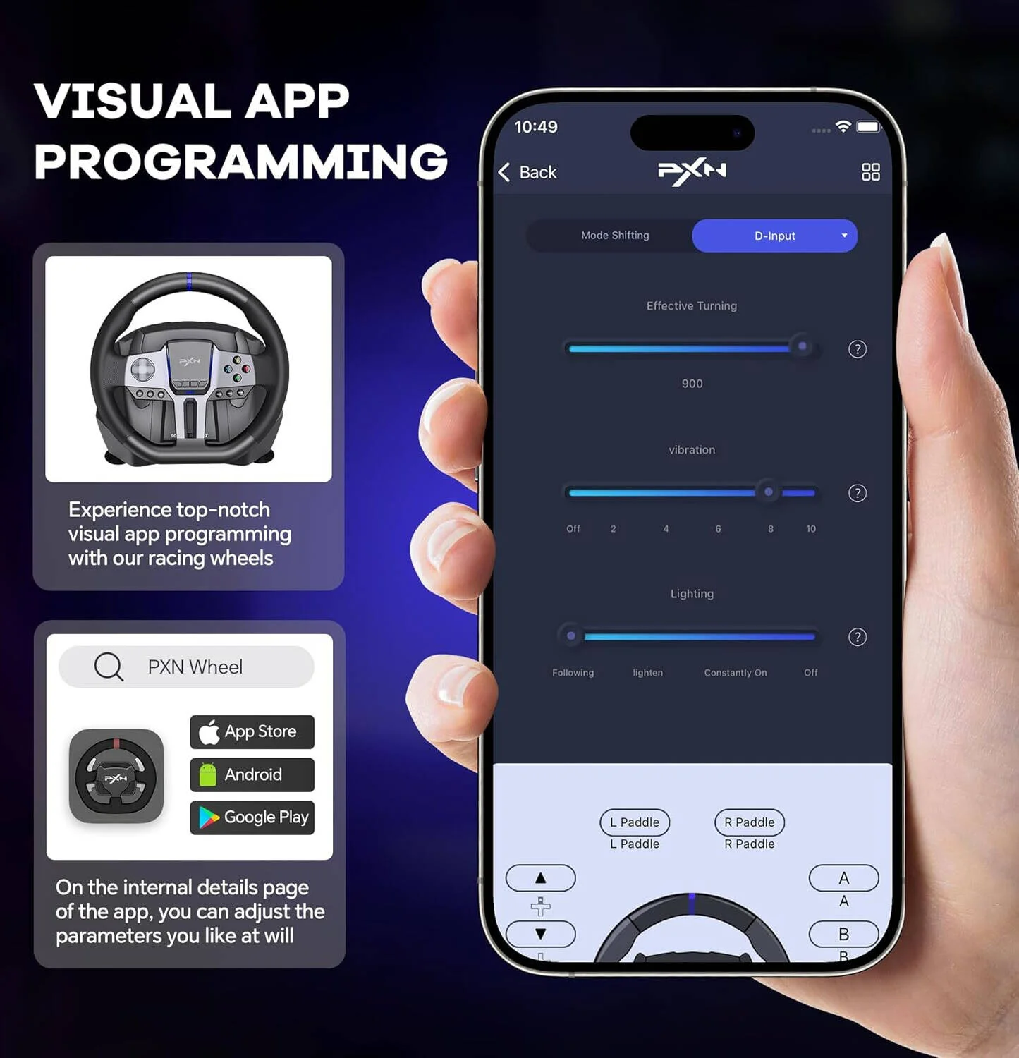 فرمان مسابقه پی‌ایکس‌ان وی۹ نسل ۲، زوایای چرخش ۲۷۰° و ۹۰۰°، پدال‌های اثر هال، نوارهای نوری RGB، لرزش تطبیقی و بازخورد نیروی موتور دوگانه، سازگار با کامپیوتر، پلی‌استیشن ۴، ایکس‌باکس و نینتندو سوییچ، مشکی | PXN-V9 GEN2